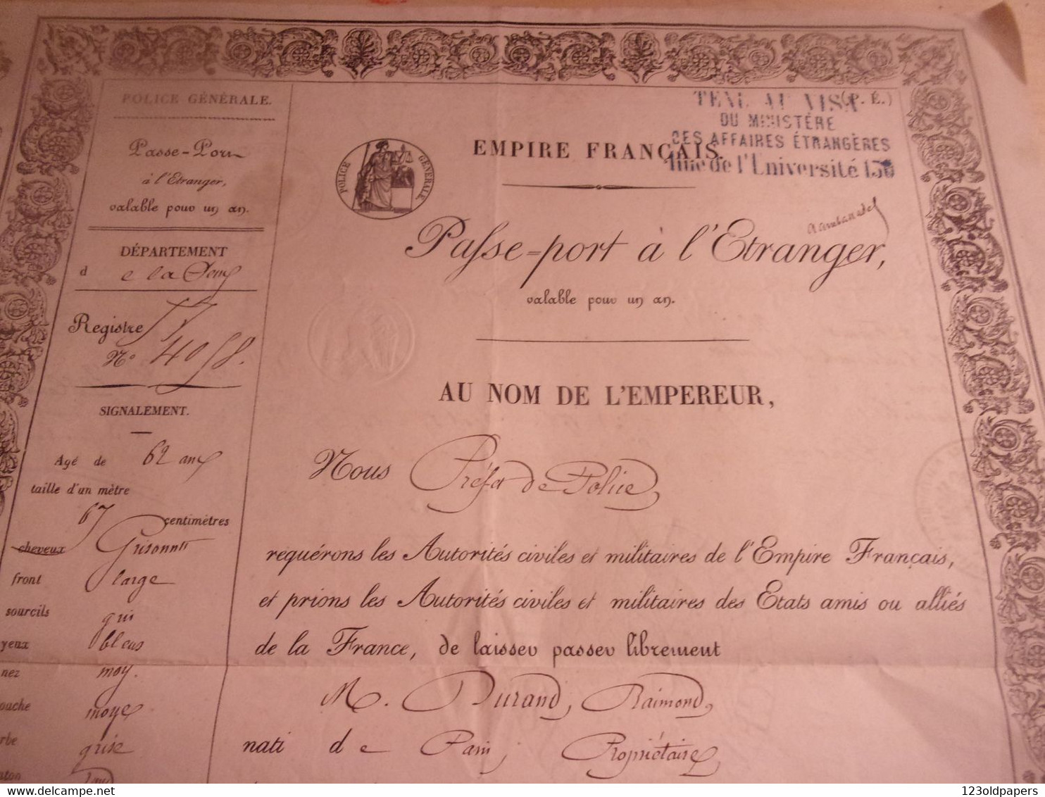 ️ RARE  1857 EMPIRE FRANCAIS PASSEPORT A L ETRANGER DE PARIS BADE SUISSE SARDAIGNE AUTRICHE LEGATION PAFSE PORT - Unclassified