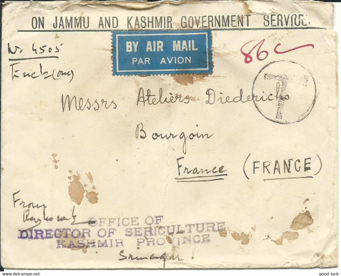 INDE LETTRE à 6,10 A  D' AMIRA KADAL POUR BOURGOIN (  ISERE ) PAR AVION TAXEE 86 Cent. DE 1939 SERICULTURE LETTRE COVER - Kashmir