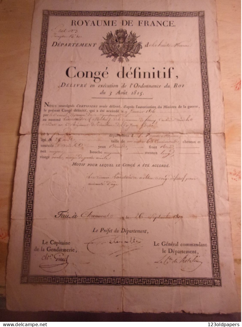 NAPOLEON GARDE IMPERIALE 1817 ROYAUME DE FRANCE CONGE DEFINITIF  FORCEY  2 EME REGIMENT TIRAILLEUR EX JEUNE GARDE - Documents