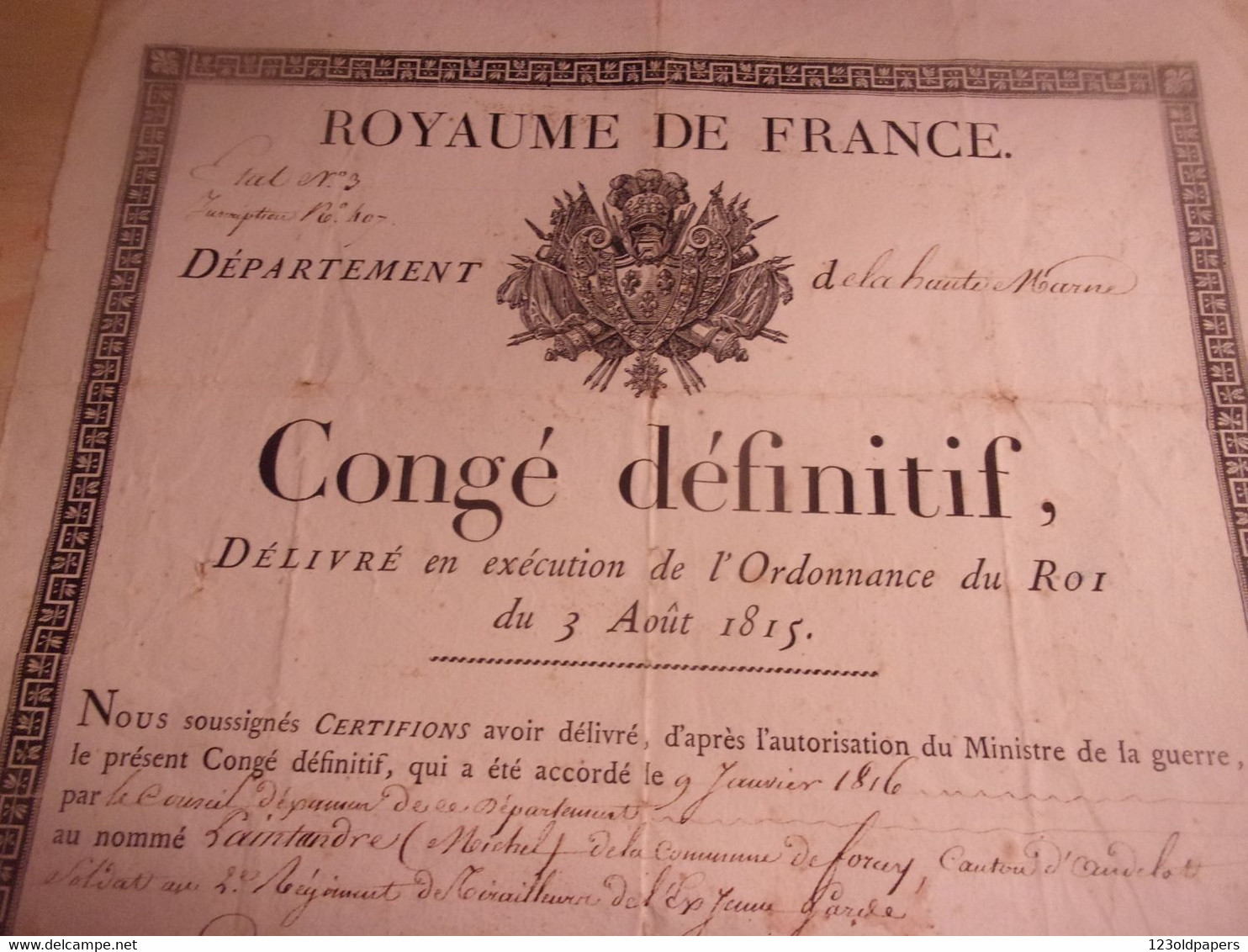NAPOLEON GARDE IMPERIALE 1817 ROYAUME DE FRANCE CONGE DEFINITIF  FORCEY  2 EME REGIMENT TIRAILLEUR EX JEUNE GARDE - Documentos
