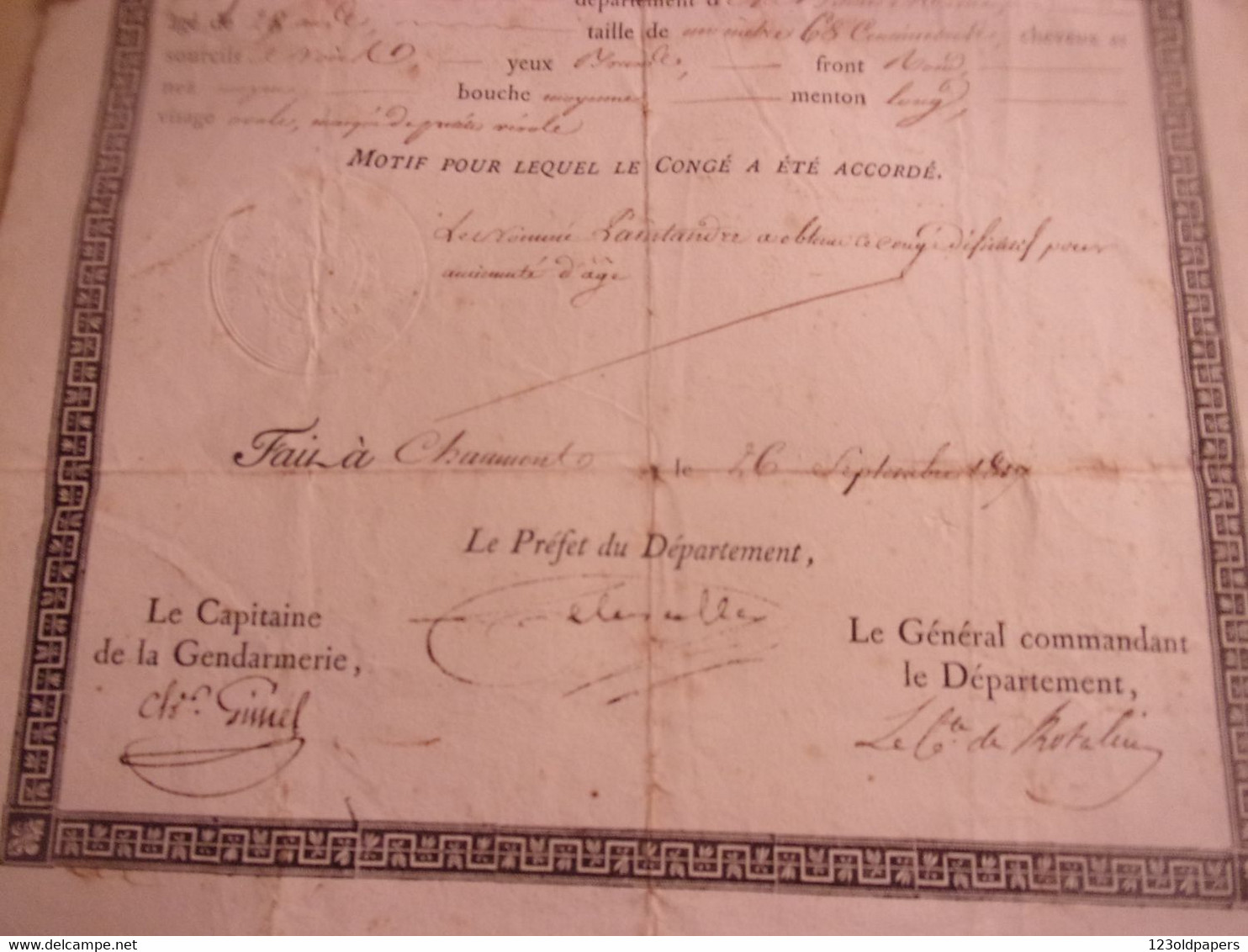 NAPOLEON GARDE IMPERIALE 1817 ROYAUME DE FRANCE CONGE DEFINITIF  FORCEY  2 EME REGIMENT TIRAILLEUR EX JEUNE GARDE - Dokumente