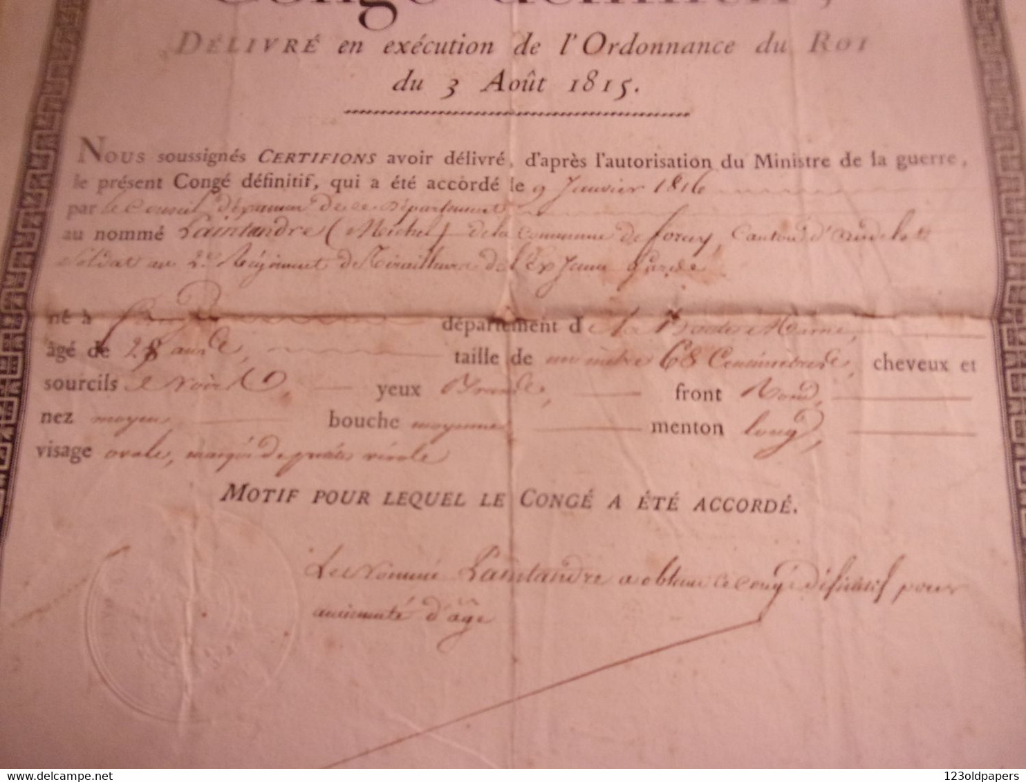 NAPOLEON GARDE IMPERIALE 1817 ROYAUME DE FRANCE CONGE DEFINITIF  FORCEY  2 EME REGIMENT TIRAILLEUR EX JEUNE GARDE - Dokumente