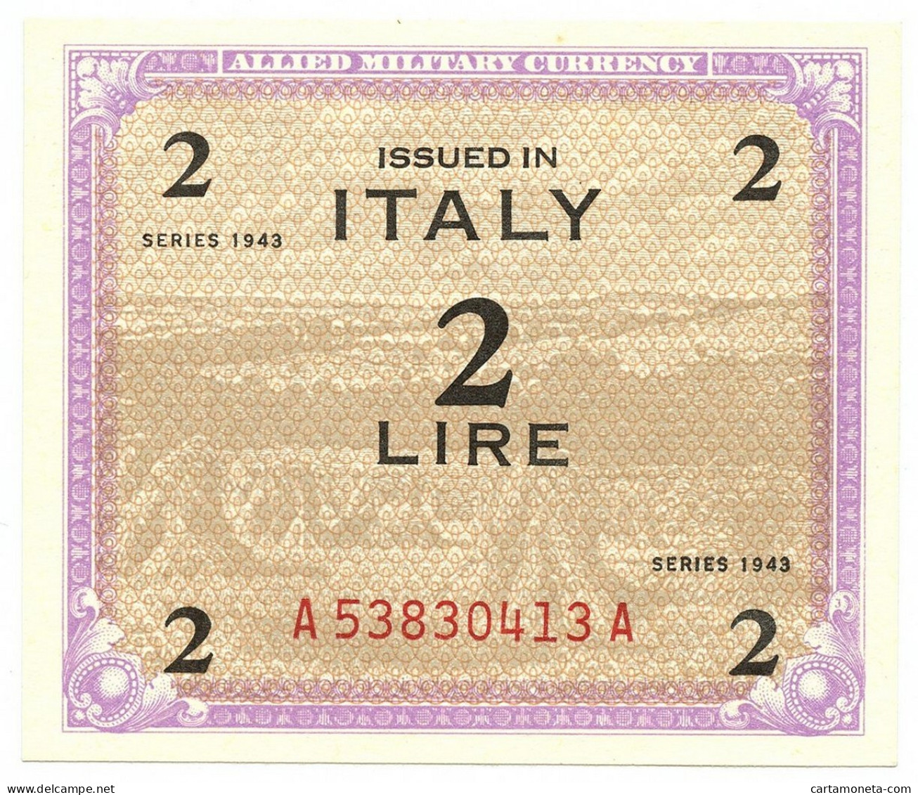 2 LIRE OCCUPAZIONE AMERICANA IN ITALIA MONOLINGUA FLC 1943 FDS-/FDS - Occupazione Alleata Seconda Guerra Mondiale