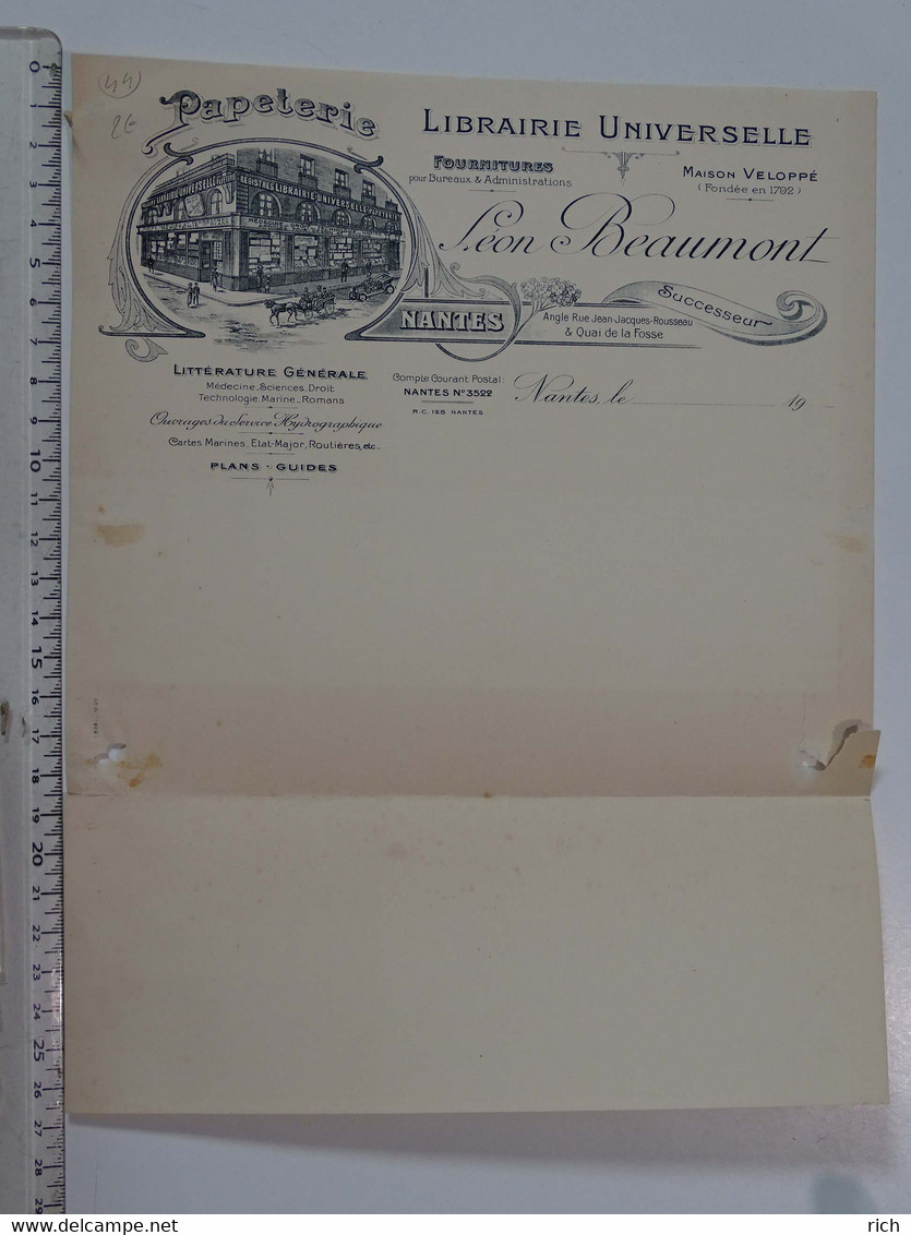 Facture Nantes - Papeterie Librairie Universelle - Léon Beaumont  - Angle Rue Jean Jacques-Rousseau & Quao De La Fosse - Imprimerie & Papeterie