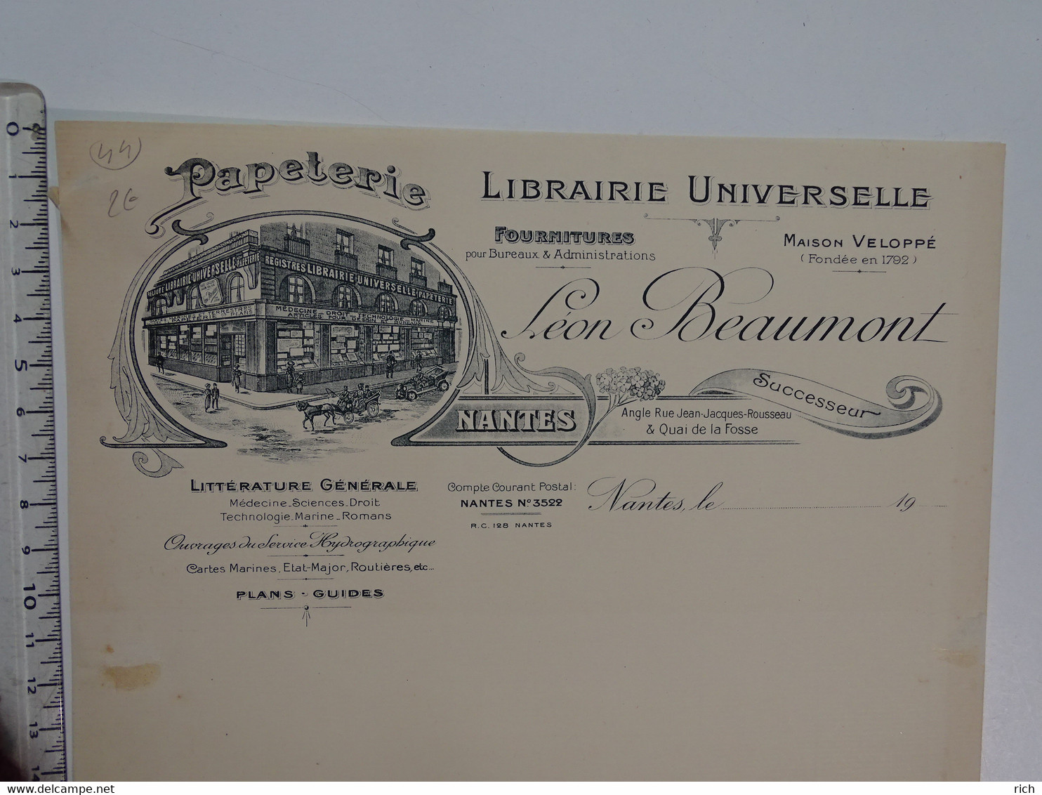 Facture Nantes - Papeterie Librairie Universelle - Léon Beaumont  - Angle Rue Jean Jacques-Rousseau & Quao De La Fosse - Imprimerie & Papeterie