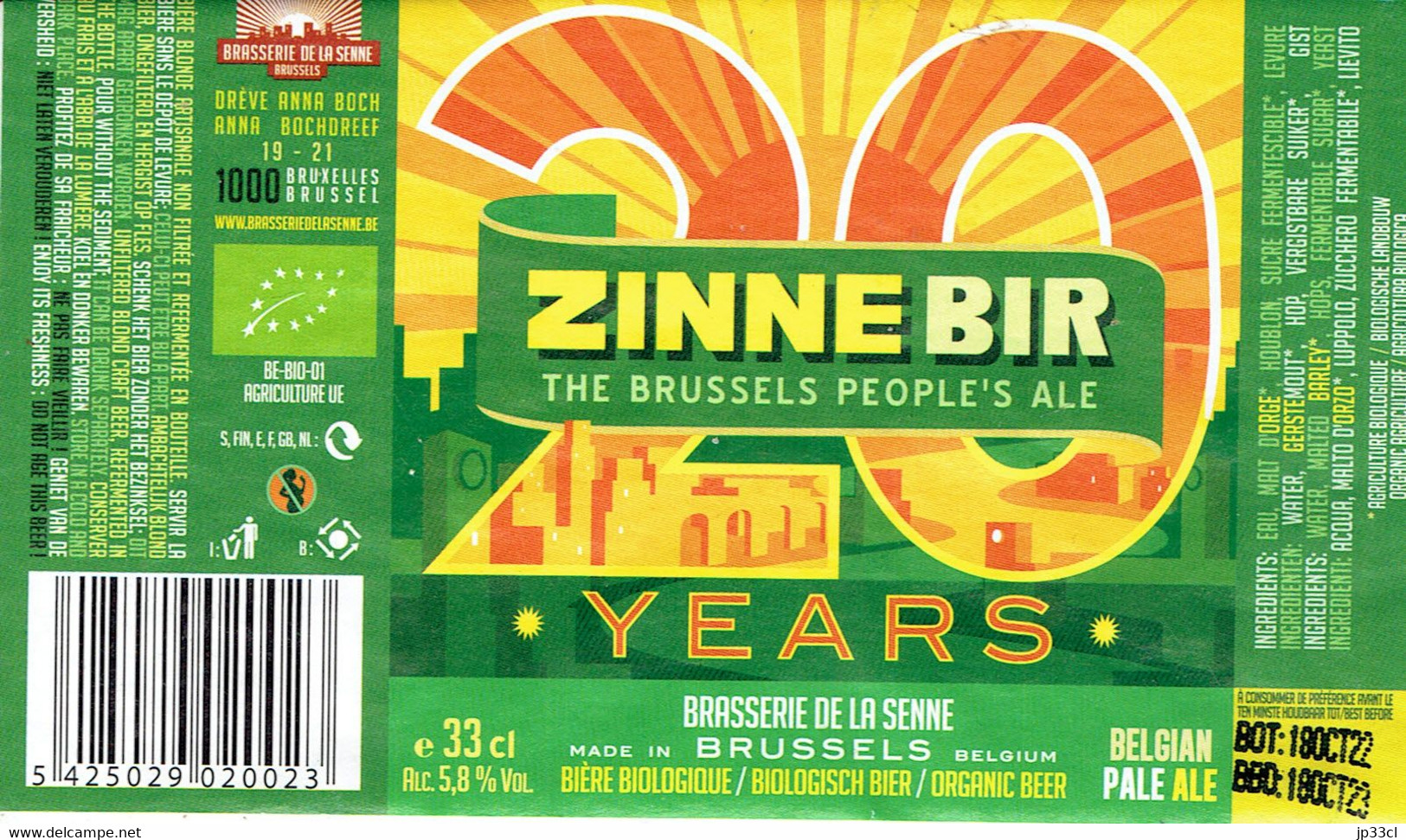Etiquette Zinne Bir 20 Years The Brussels People's Ale, 33 Cl 5,8 % Alc. (Brasserie De La Senne) - Bier