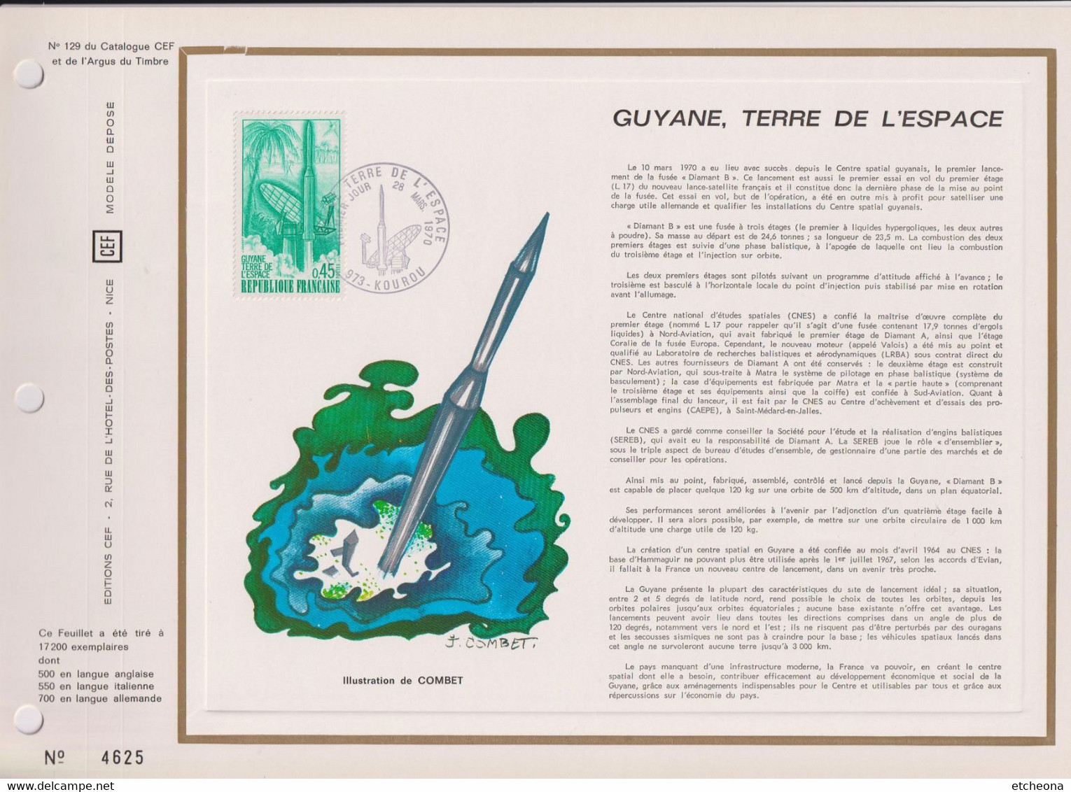 Guyane Terre De L'espace Kourou Le 28.3.70 Encart 1er Jour N°1635 Catalogue CEF 129 - América Del Sur