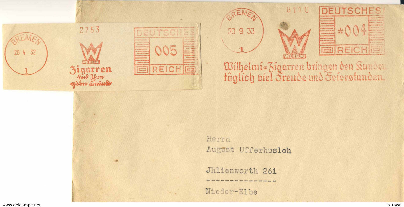 516  Cigare, Tabac: Ema D'Allemagne, 1932/33 - Tobacco Meter Stamps From Bremen, Germany. Wilhelmi Zigarren Cigar - Drogen