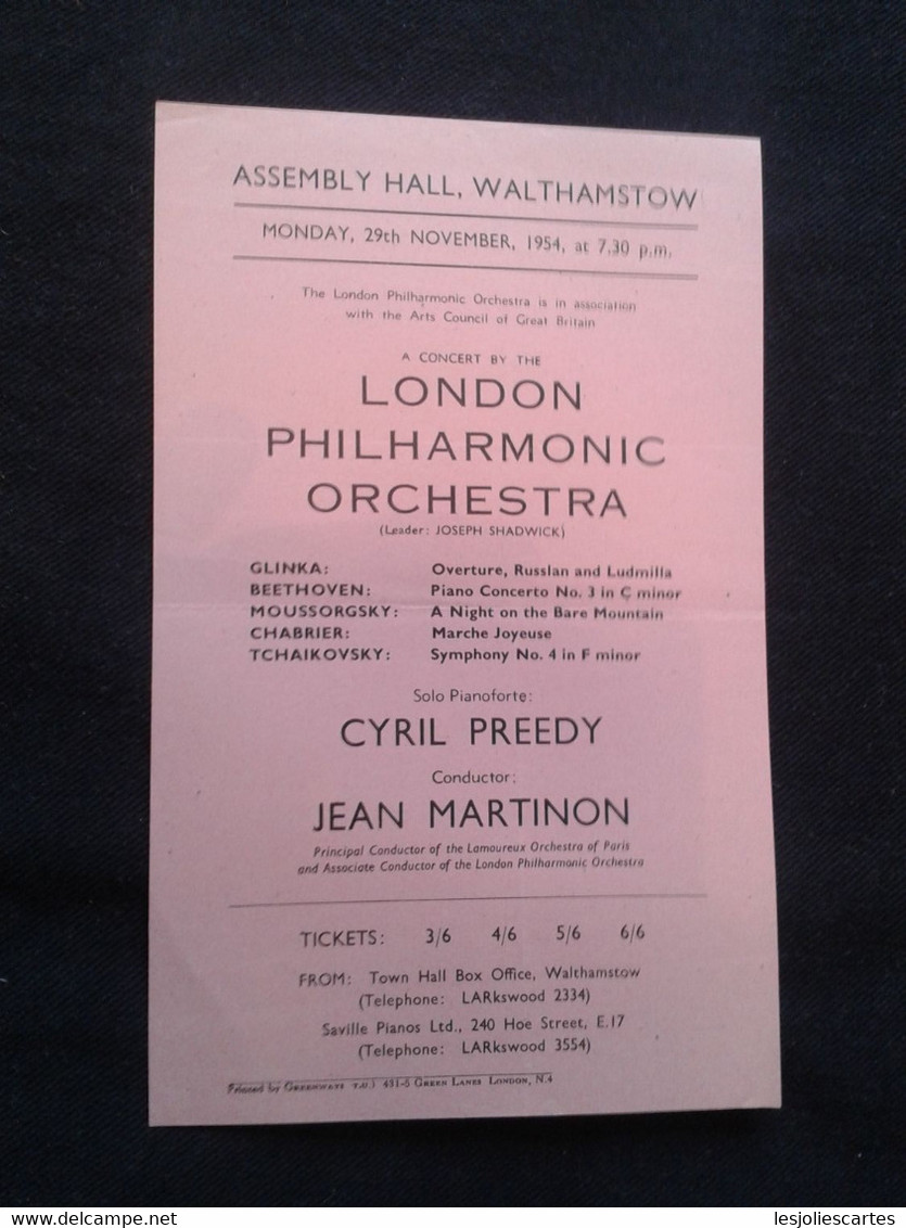 CYRIL PREEDY PIANISTE PIANO KLAVIER PIANIST JEAN MARTINON CONDUCTOR DIRIGENT LPO CONCERT FLYER HANDBILL - Programme