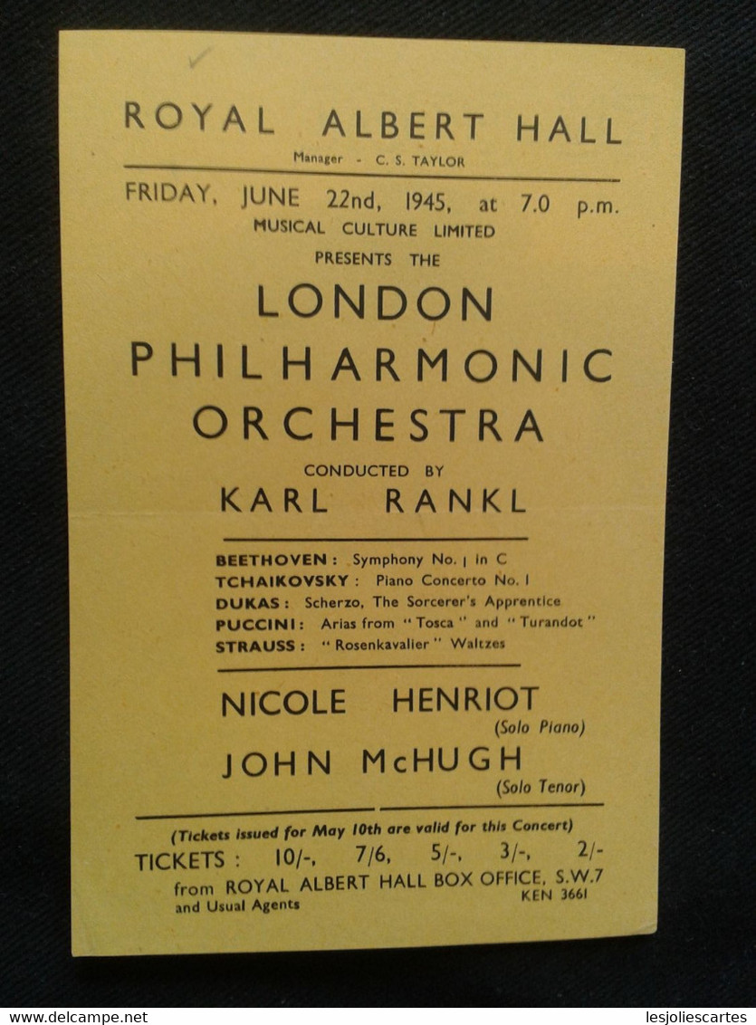 NICOLE HENRIOT PIANISTE PIANO KLAVIER PIANIST JOHN MCHUGH TENOR KARL RANKL CONDUCTOR DIRIGENT LPO CONCERT FLYER HANDBILL - Programme