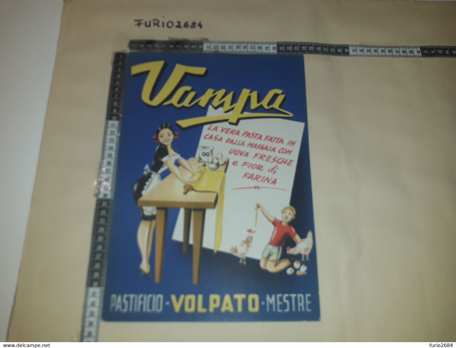 MESTRE PASTIFICIO VOLPATO PASTA VAMPA ILLUSTRAZIONE ANNI '50 CARTELLO PUBBLICITARIO IN CARTONE - Targhe Di Cartone