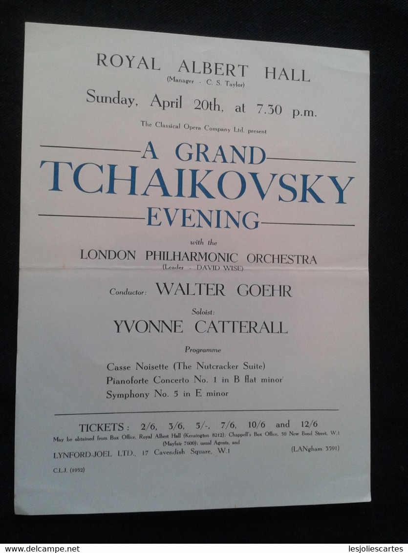 YVONNE CATTERALL PIANISTE PIANO KLAVIER PIANIST WALTER GOEHR CONDUCTOR DIRIGENT LPO CONCERT FLYER HANDBILL - Programme