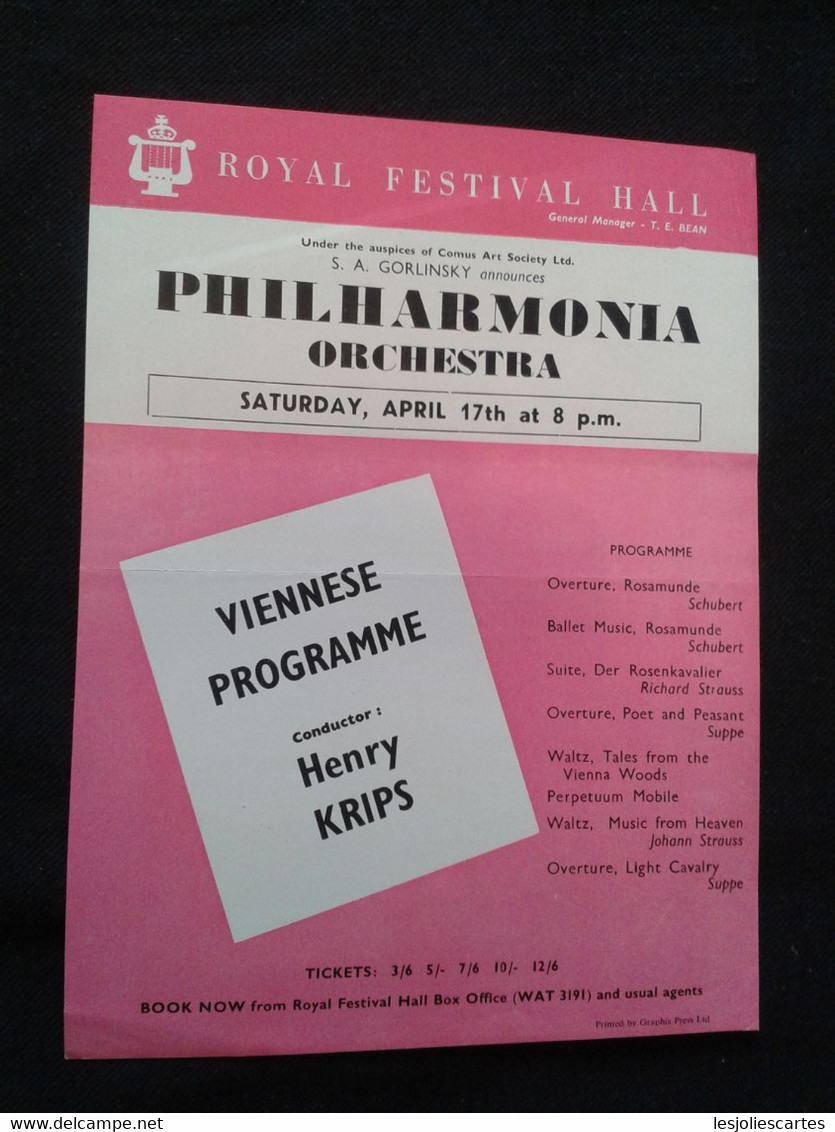 HENRY KRIPS CONDUCTOR DIRIGENT VIENNESE PROGRAM PHILHARMONIA ORCHESTRA CONCERT FLYER HANDBILL - Programme