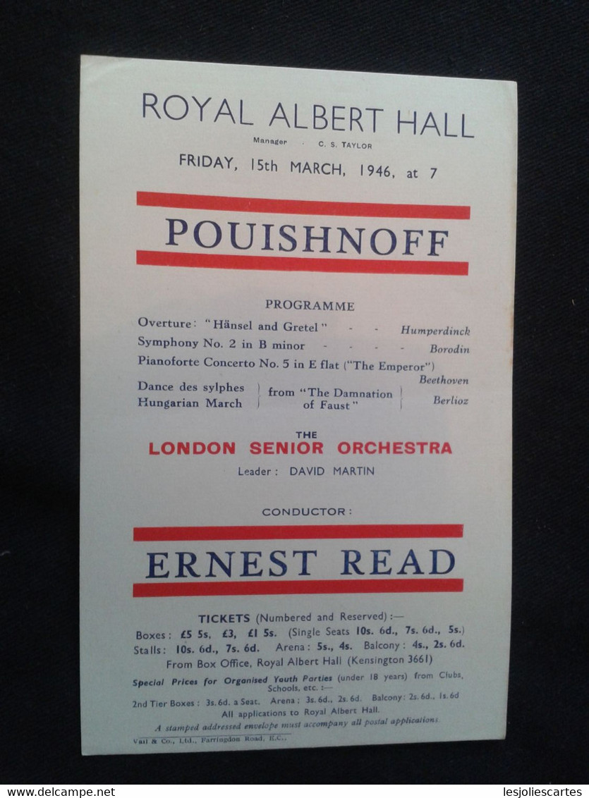 POUISHNOFF PIANISTE PIANO KLAVIER PIANIST ERNEST READ CONDUCTOR DIRIGENT CONCERT FLYER HANDBILL - Programme