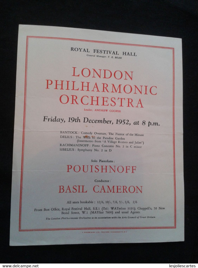 POUISHNOFF PIANISTE PIANO KLAVIER PIANIST BASIL CAMERON CONDUCTOR DIRIGENT LPO CONCERT FLYER HANDBILL - Programme