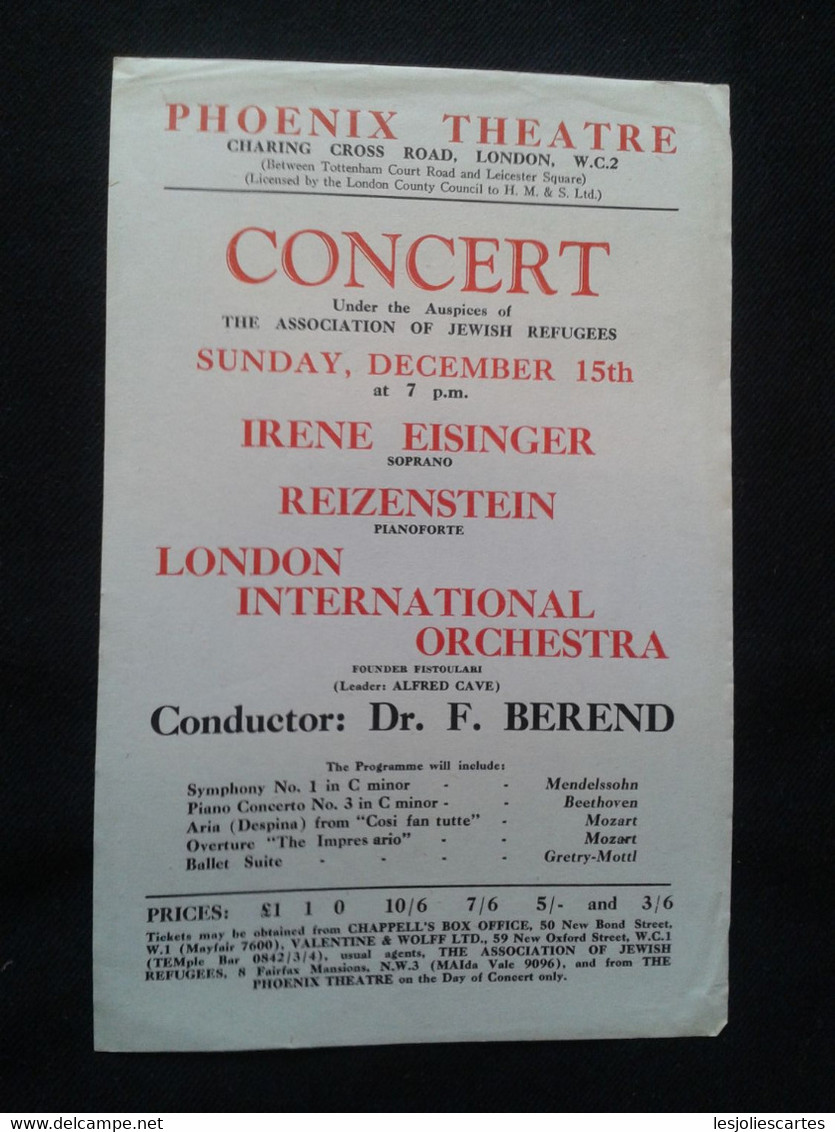 REIZENSTEIN PIANISTE KLAVIER PIANIST IRENE EISINGER SOPRANO SOPRAN F BEREND CONDUCTOR DIRIGENT CONCERT FLYER HANDBILL - Programme