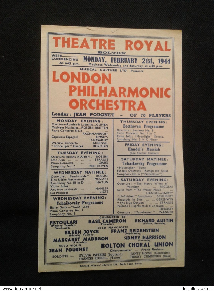 REIZENSTEIN JOYCE PIANISTE KLAVIER PIANIST POUGNET FISTOULARI CAMERON CONDUCTOR DIRIGENT LPO CONCERT FLYER HANDBILL - Programme