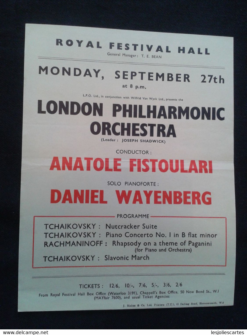 DANIEL WAYENBERG PIANISTE KLAVIER PIANIST PIANO ANATOLE FISTOULARI CONDUCTOR DIRIGENT LPO CONCERT FLYER HANDBILL - Programme