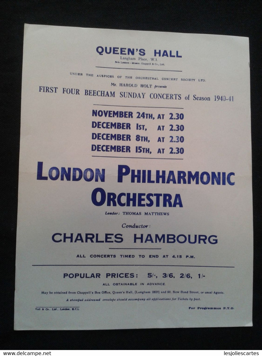 SMITH POUISHNOFF PIANIST PIANISTE KERSEY VIOLON VIOLIN CHARLES HAMBOURG CONDUCTOR DIRIGENT LPO CONCERT FLYER HANDBILL - Programme