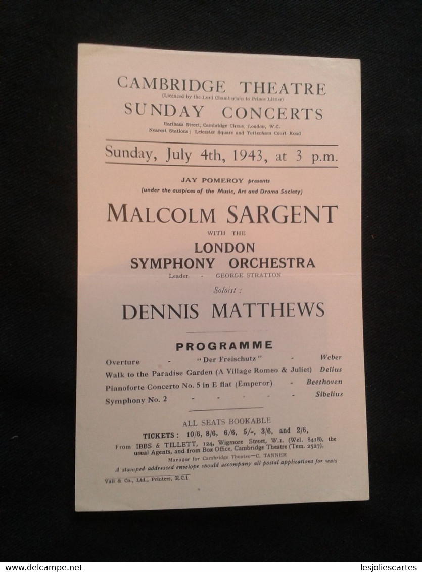 DENIS MATTHEWS PIANIST PIANISTE KLAVIER SIR MALCOLM SARGENT CONDUCTOR DIRIGENT LSO CONCERT FLYER HANDBILL - Programme