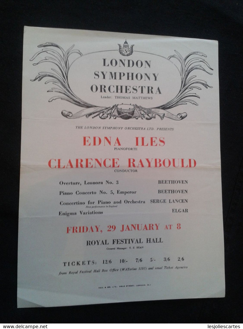 EDNA ILES PIANIST PIANISTE KLAVIER CLARENCE RAYBOULD CONDUCTOR DIRIGENT LSO CONCERT FLYER HANDBILL - Programme