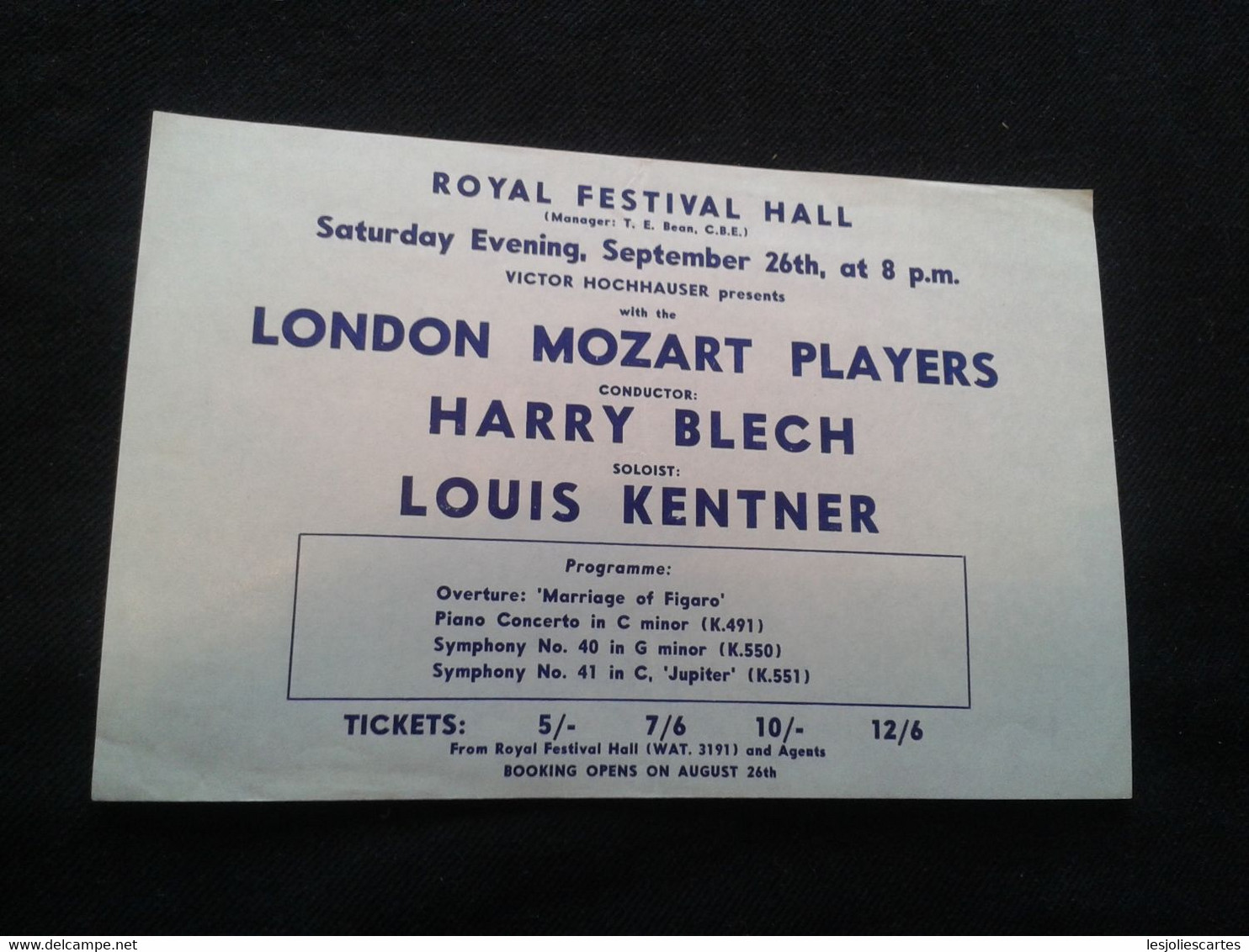 LOUIS KENTNER PIANIST PIANISTE KLAVIER PIANO HARRY BLECH CONDUCTOR DIRIGENT LONDON MOZART PLAYERS CONCERT FLYER HANDBILL - Programme