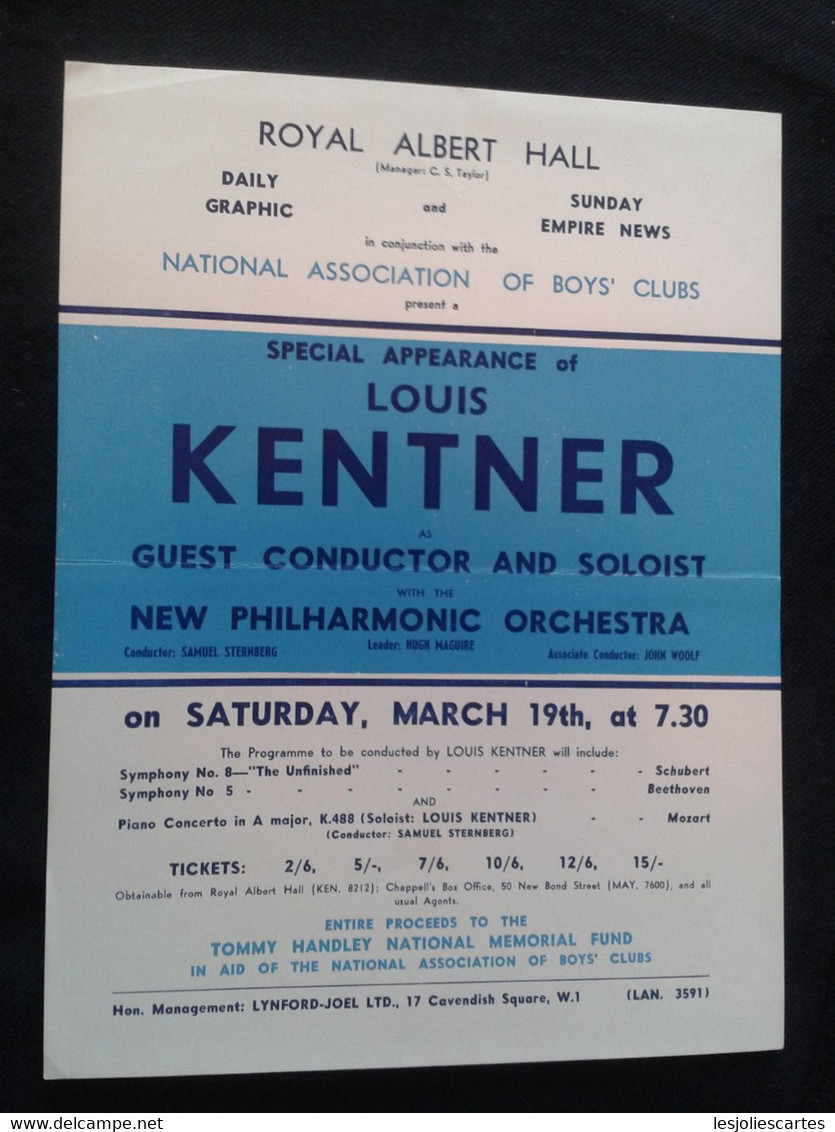 LOUIS KENTNER PIANIST PIANISTE KLAVIER PIANO AND CONDUCTOR DIRIGENT NEW PHILHARMONIC CONCERT FLYER HANDBILL - Programme