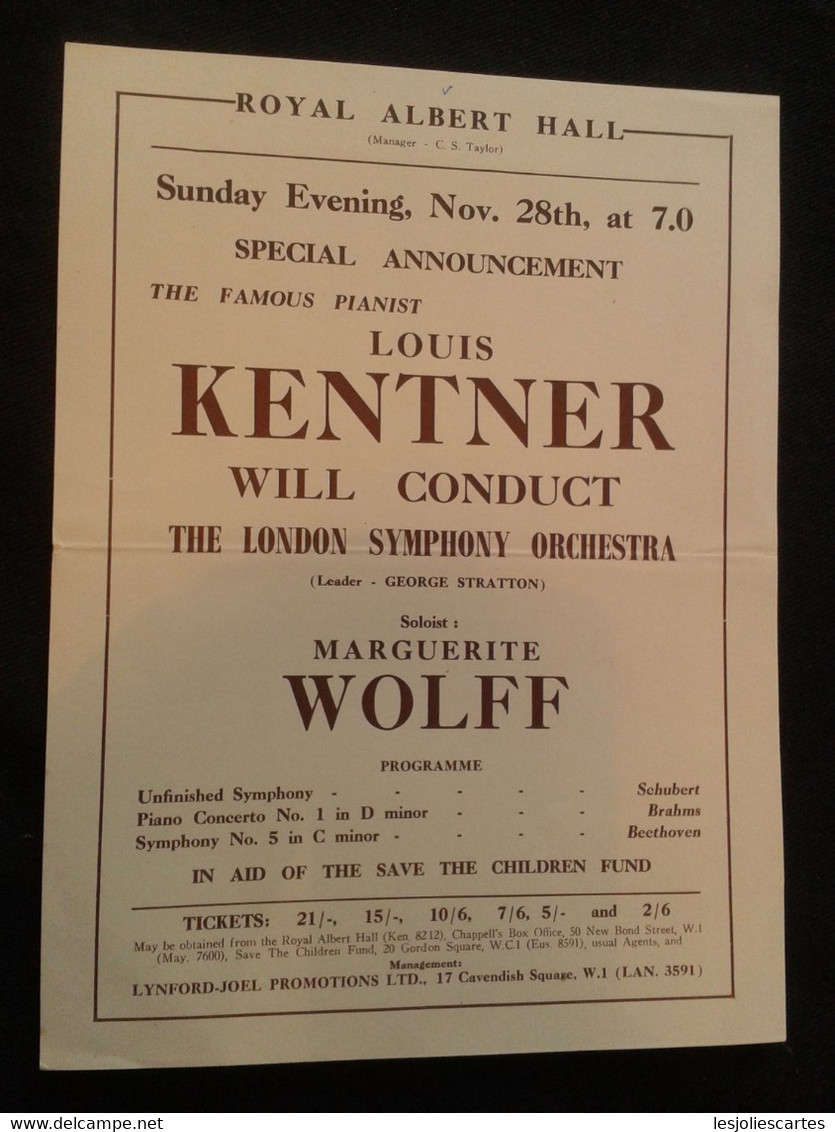 MARGUERITE WOLFF PIANIST PIANISTE KLAVIER PIANO LOUIS KENTNER CONDUCTOR DIRIGENT LSO CONCERT FLYER HANDBILL - Programme