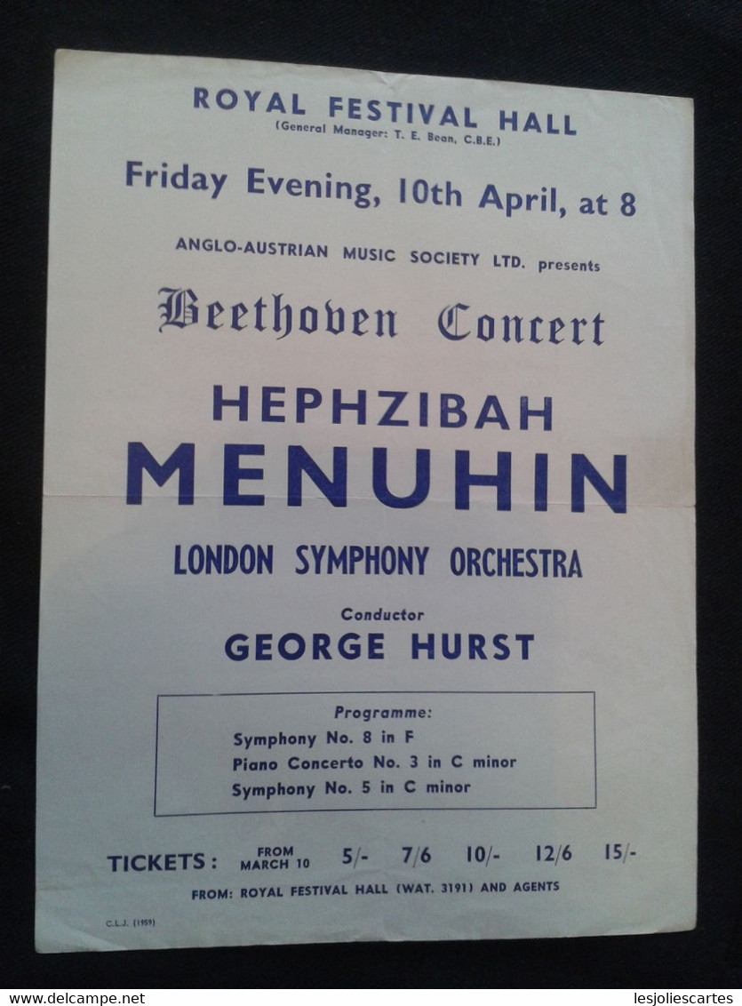 HEPHZIBAH MENUHIN PIANIST PIANISTE KLAVIER PIANO GEORGE HURST CONDUCTOR DIRIGENT LSO CONCERT FLYER HANDBILL - Programme