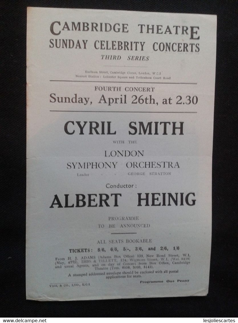 LOUIS KENTNER CYRIL SMITH PIANIST PIANISTE KLAVIER C RAYBOULD A HEINIG CONDUCTOR DIRIGENT LSO CONCERT FLYER HANDBILL - Programme