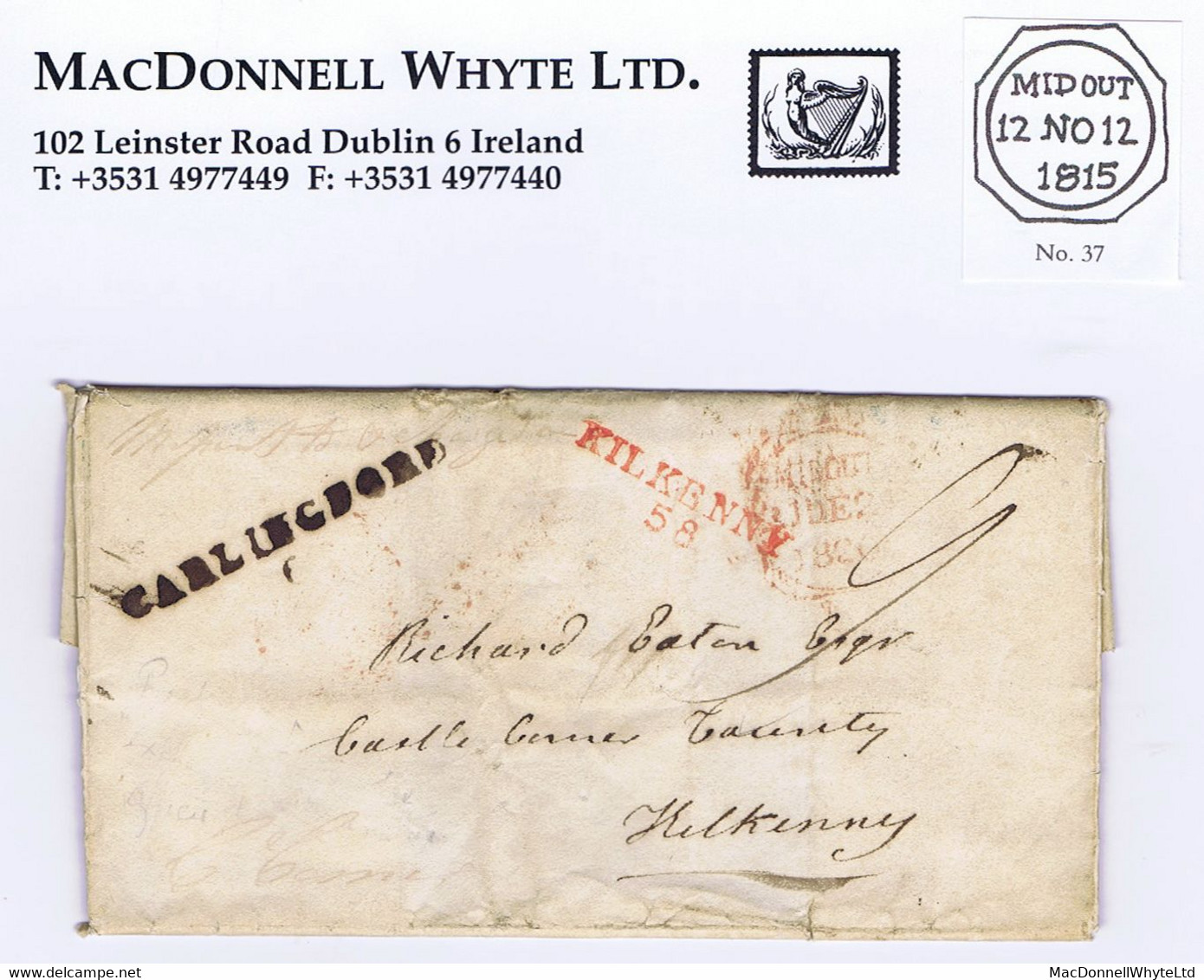 Ireland Louth Kilkenny 1820 Letter To Castlecomer With CARLINGFORD/60 Mileage, Octagonal MIDOUT, Missent - Prefilatelia