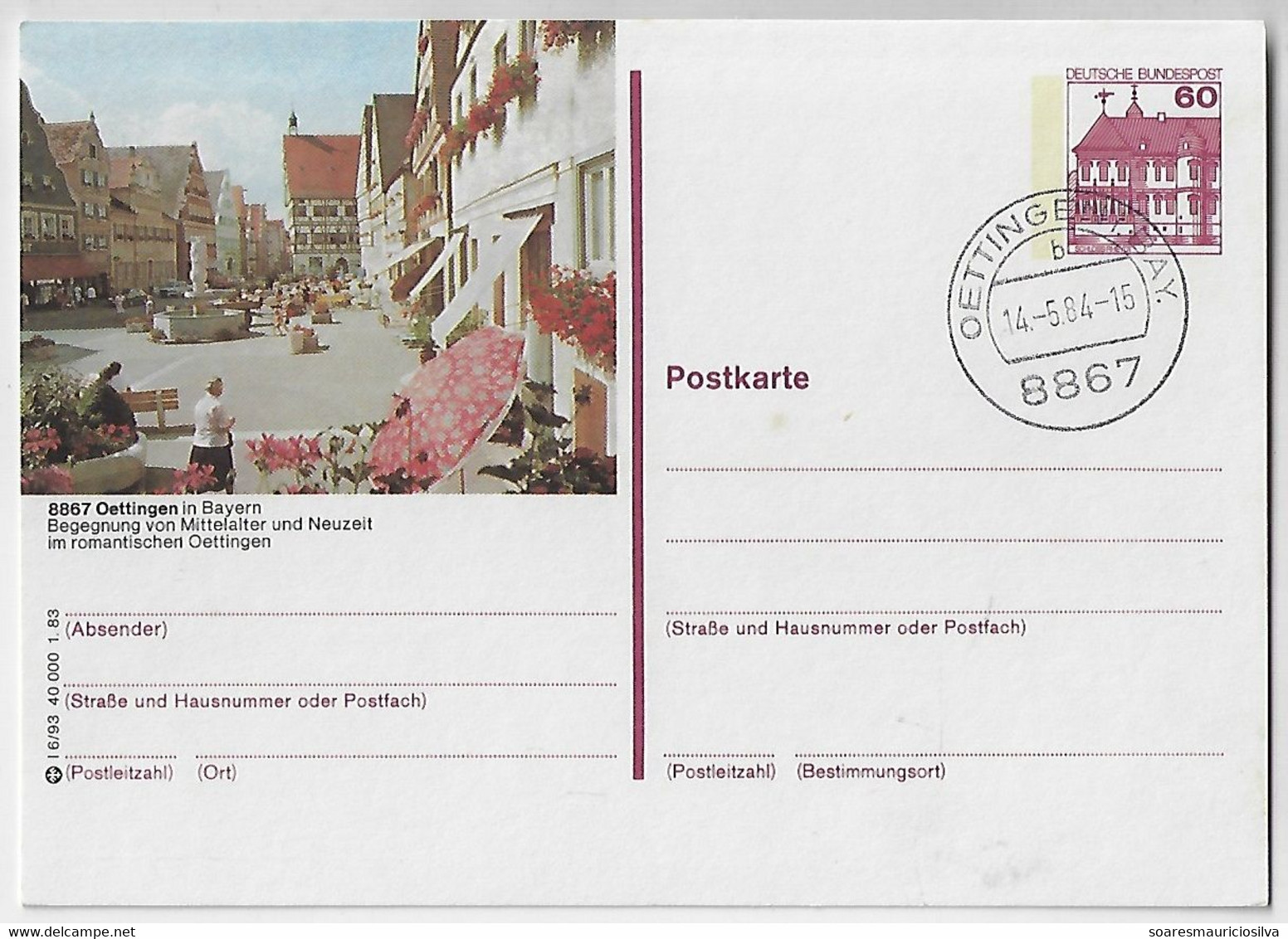 Germany 1984 Postal Stationery Card Stamp Castle Rheydt 60 Pfennig Oettingen In Bayern View From The Market Square - Privatpostkarten - Gebraucht