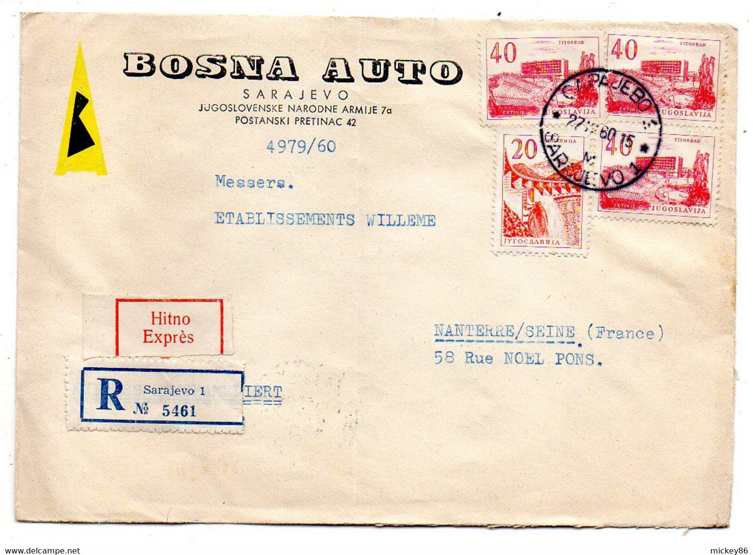 Yougoslavie--1960--lettre Recommandée Exprès SARAJEVO Pour NANTERRE-92(France)..timbres..cachet..BOSNA AUTO - Briefe U. Dokumente