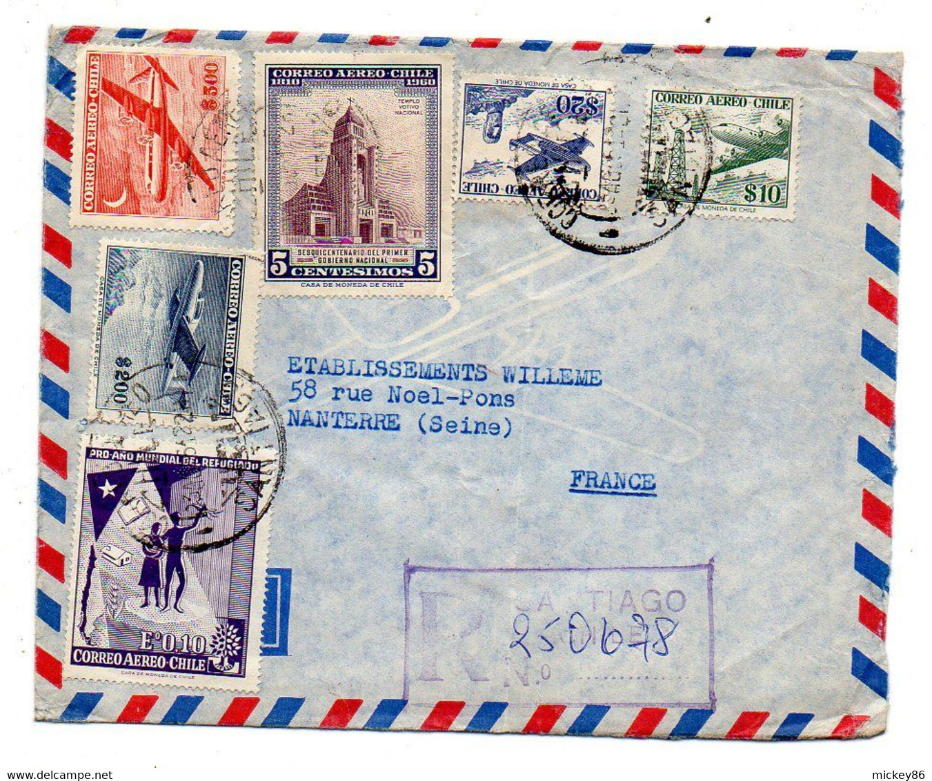 CHILI -1963--lettre Recommandée SANTIAGO  Pour NANTERRE - 92 (France)..timbres (avions..)  Sur Lettre..cachet - Chile