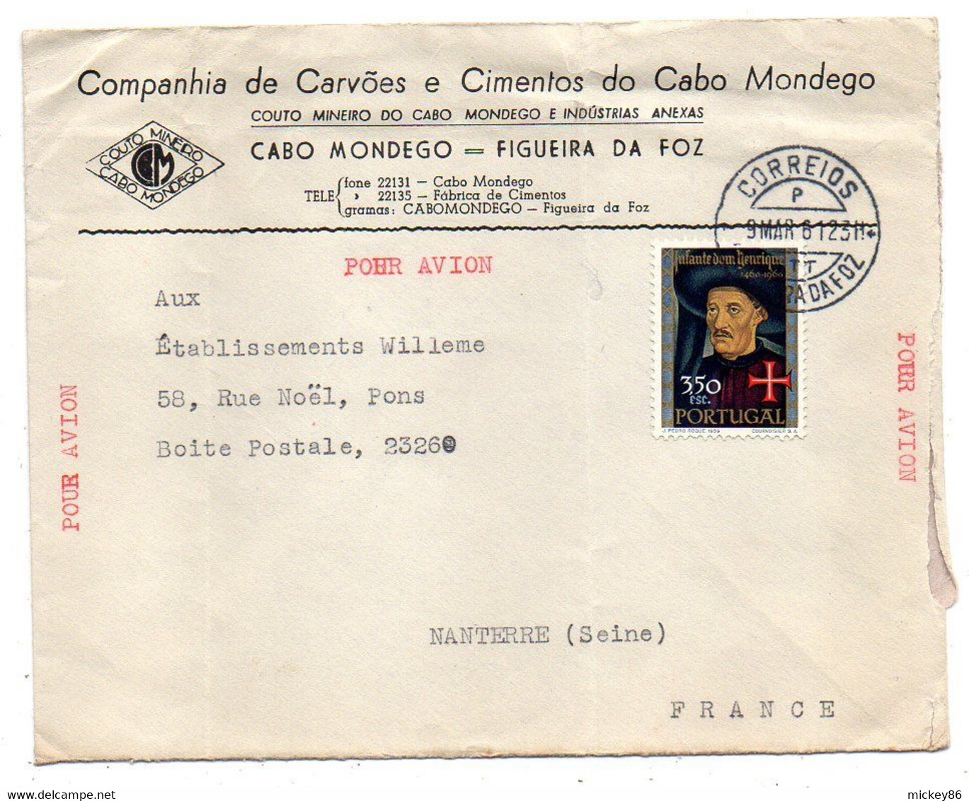 PORTUGAL -1961--lettre Recommandée FIGUEIRA DA FOZ  Pour NANTERRE - 92 (France)..timbre Seul Sur Lettre ,cachet - Cartas & Documentos