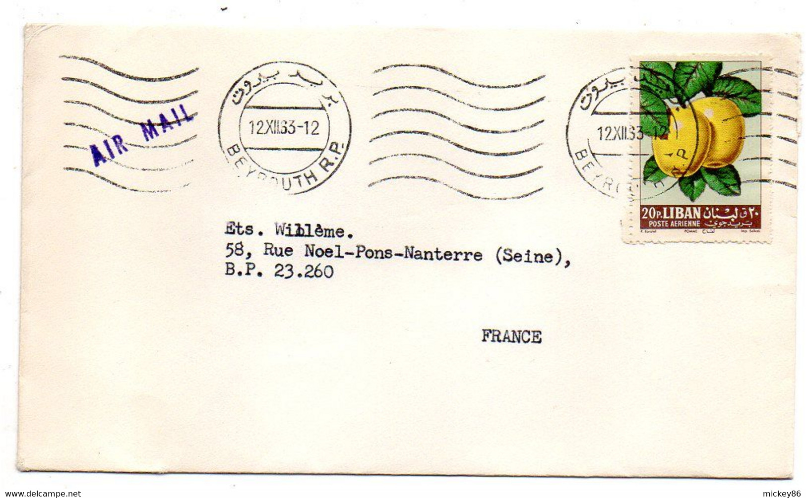 LIBAN -1963 --lettre BEYROUTH  Pour NANTERRE- 92 (France)..timbre (fruit)  Seul Sur Lettre , Beau Cachet Mécanique - Libano