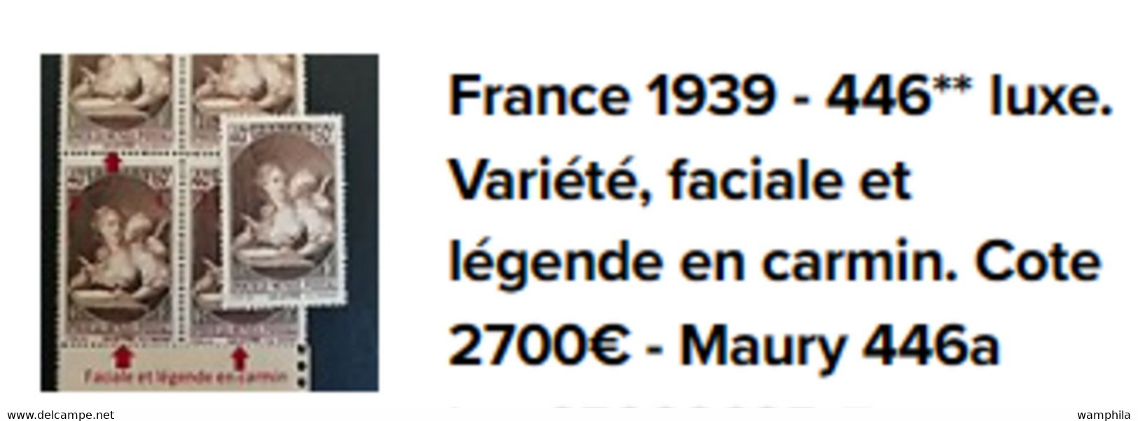 France 1939. N°446** bloc de 4 avec faciale et légende en carmin. Cote 2700€
