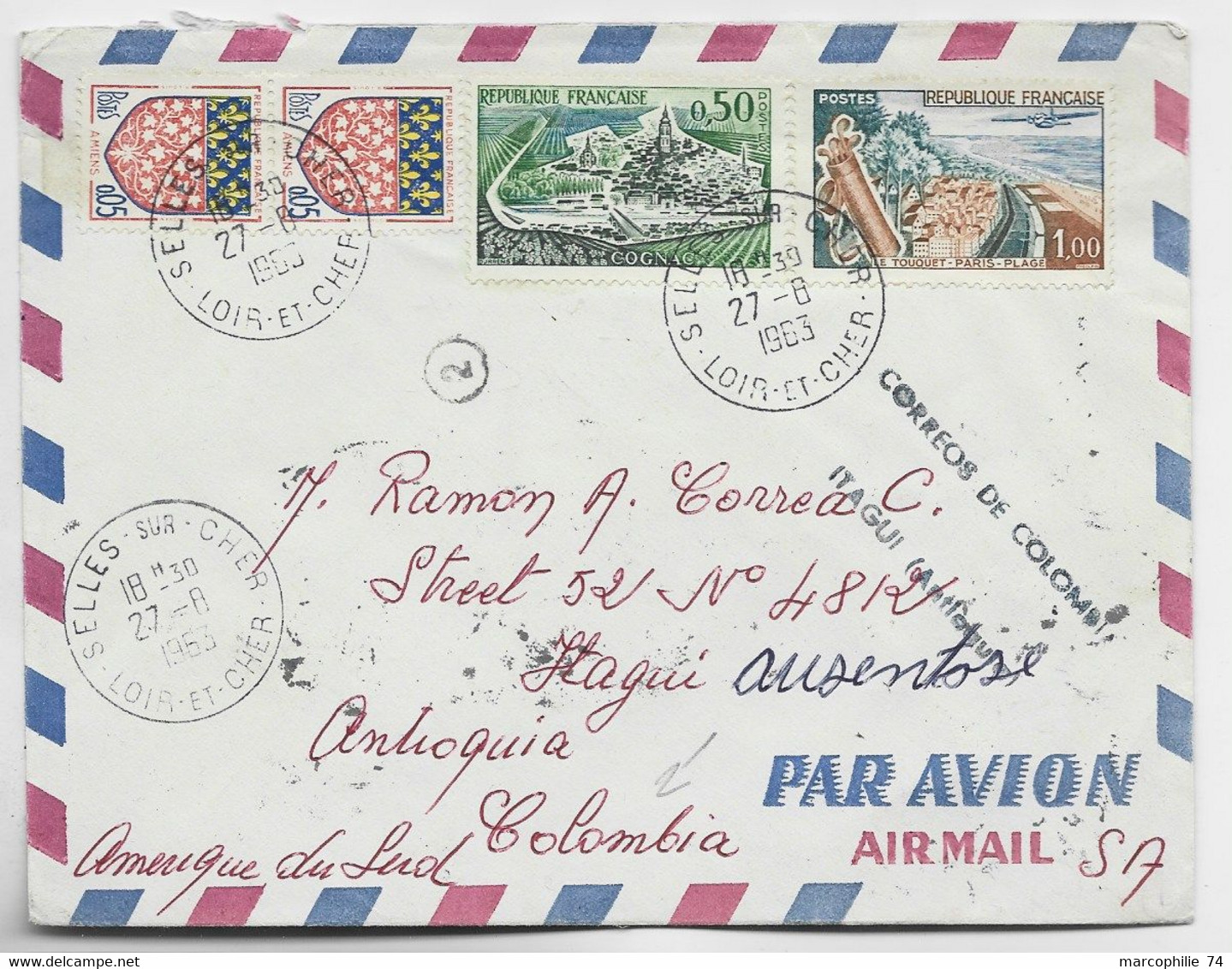 FRANCE BLASON 5C PAIRE +50C+1FR TOUQUET LETTRE AVION SELLES SUR CHER 27.8.1963 POUR COLOMBIE  AU TARIF - 1941-66 Escudos Y Blasones