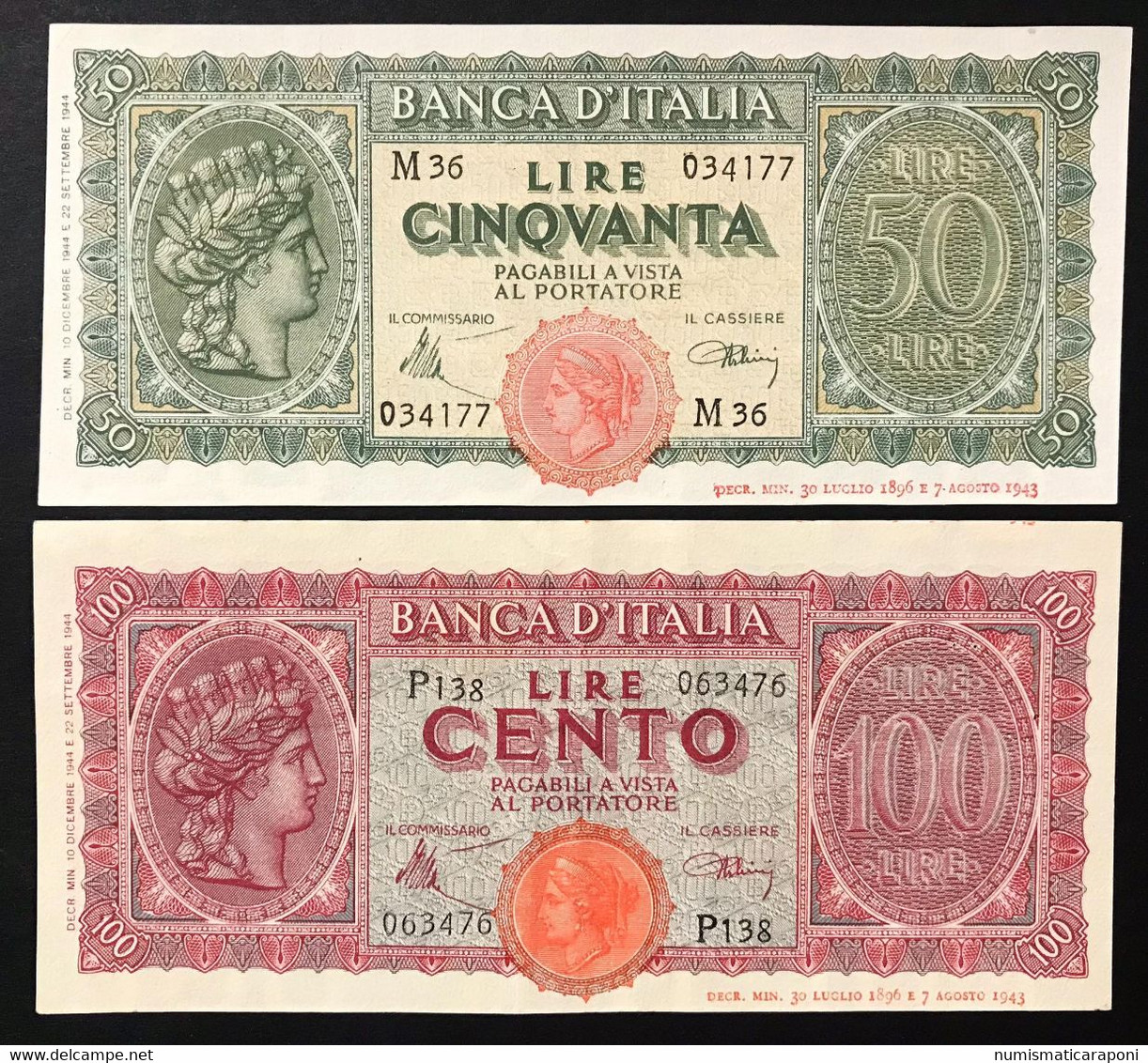 50+100 Lire Luogotenenza Italia Turita  10 12 1944 Sup/q.fds Bb/spl  LOTTO 4315 - 100 Lire