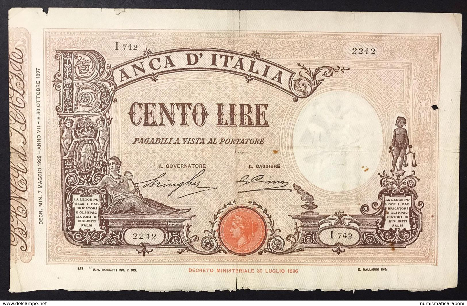 100 LIRE Barbetti Matrice Fascio 07 10 1929 Leggermente Pressato Fori E Taglietti Leggere Scritte Nell'ovale  LOTTO 969 - 100 Lire