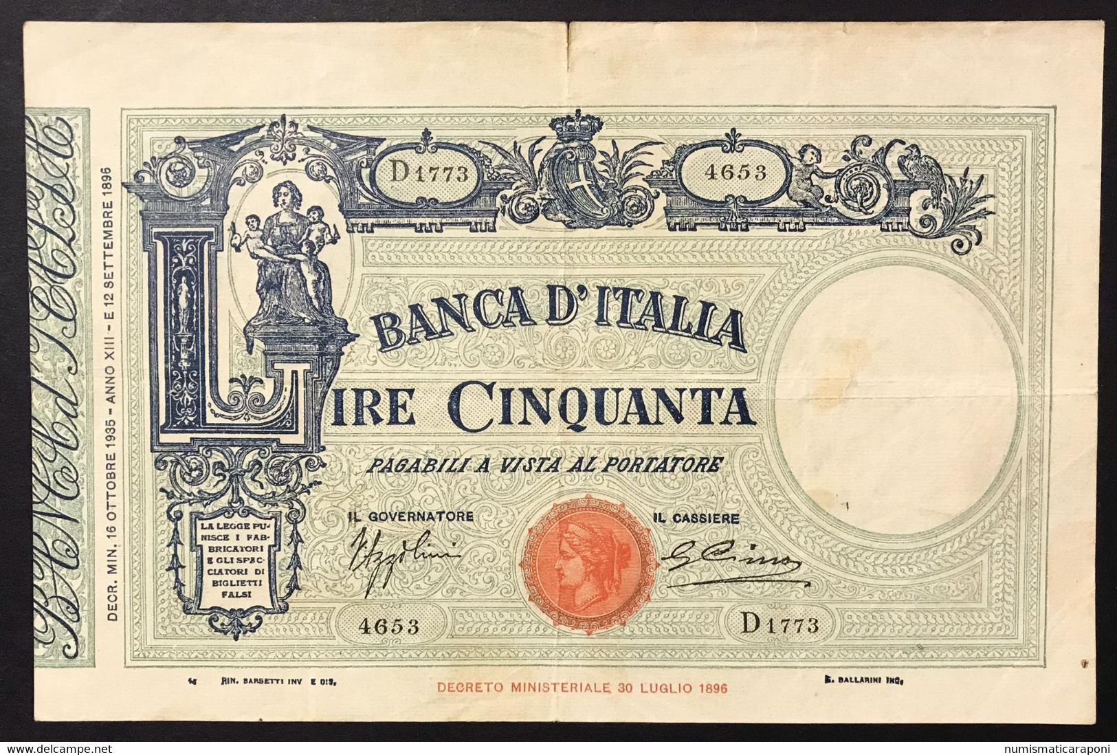 50 Lire Matrice Laterale Fascio 16 07 1935 Taglietto Ma Ottimi Colori  LOTTO 1029 - 50 Liras