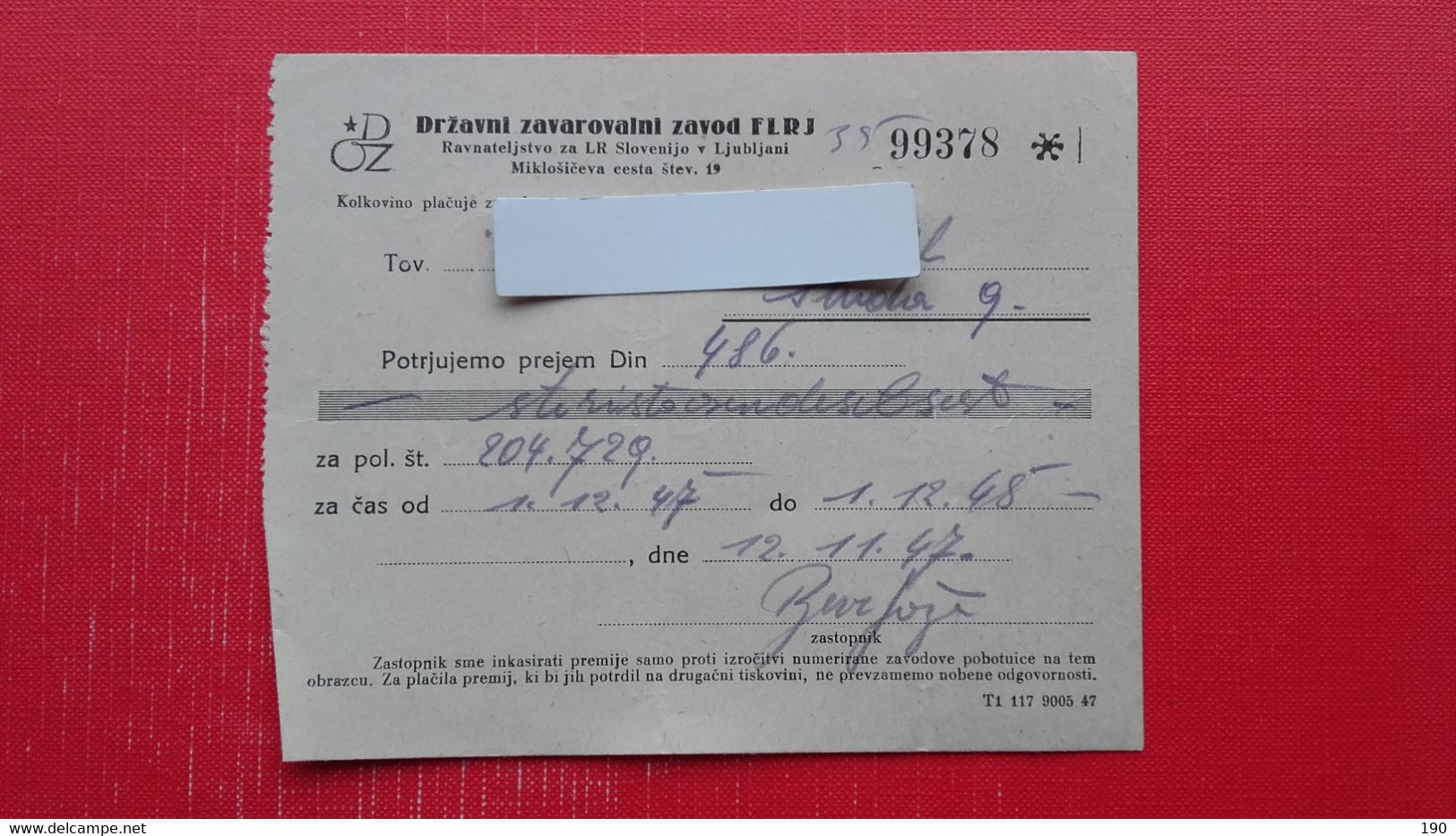 Insurance Company.Drzavni Zavarovalni Zavod FLRJ-DOZ.Ljubljana - Chèques & Chèques De Voyage