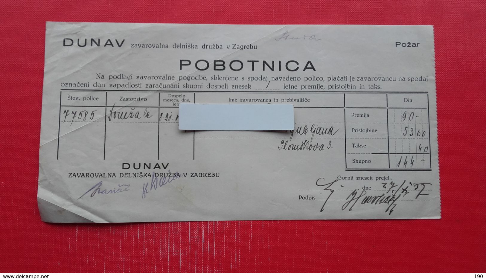 Insurance Company.Zavarovalna Delniška Druzba Dunav Zagreb.Pobotnica,pozar. - Chèques & Chèques De Voyage