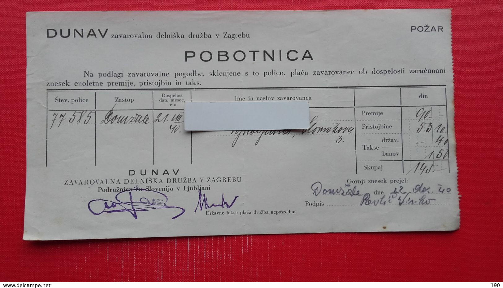 Insurance Company.Zavarovalna Delniška Druzba Dunav Zagreb.Pobotnica,pozar. - Chèques & Chèques De Voyage