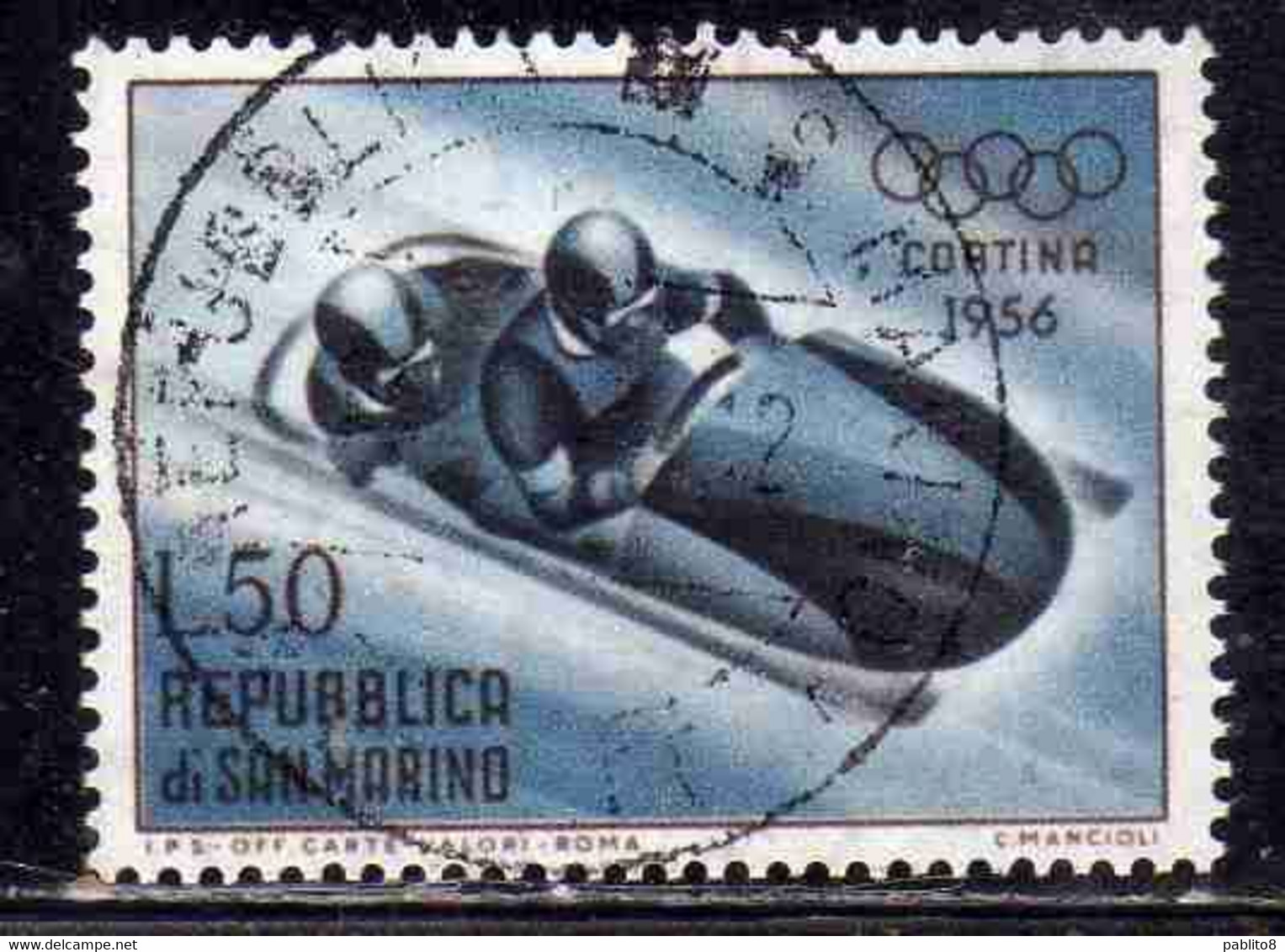 REPUBBLICA DI SAN MARINO 1955 GIOCHI OLIMPICI INVERNALI WINTER OLYMPIC GAMES CORTINA LIRE 50 USATO USED OBLITERE' - Oblitérés