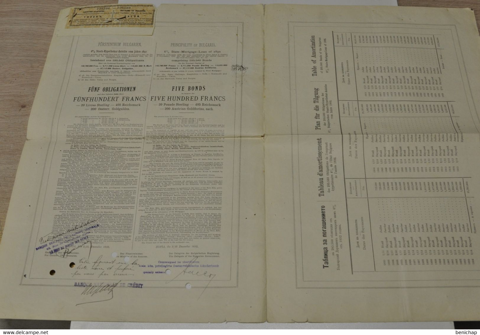 Bulgarie  Principauté - Emprunt Hypothécaire De L'Etat Bulgare - 6% - 5 Obligation Au Porteur De 500 Frs - Sofia 1892. - Banque & Assurance