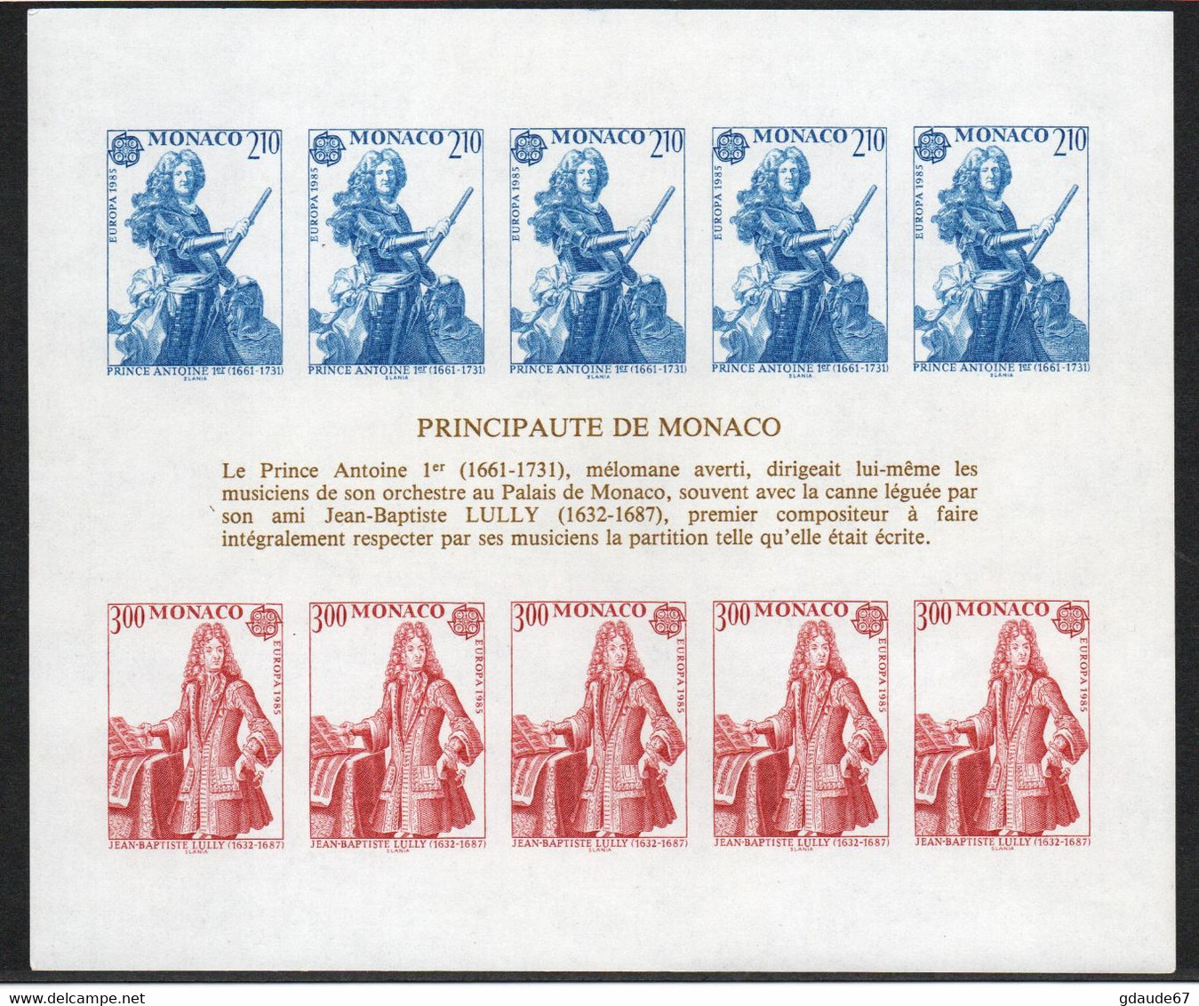 MONACO - BLOC FEUILLET N° 30a EUROPA 1985 ANNEE EUROPEENNE DE LA MUSIQUE NON DENTELE IMPERF NEUF MNH ** - COTE 500€ - Blocks & Sheetlets