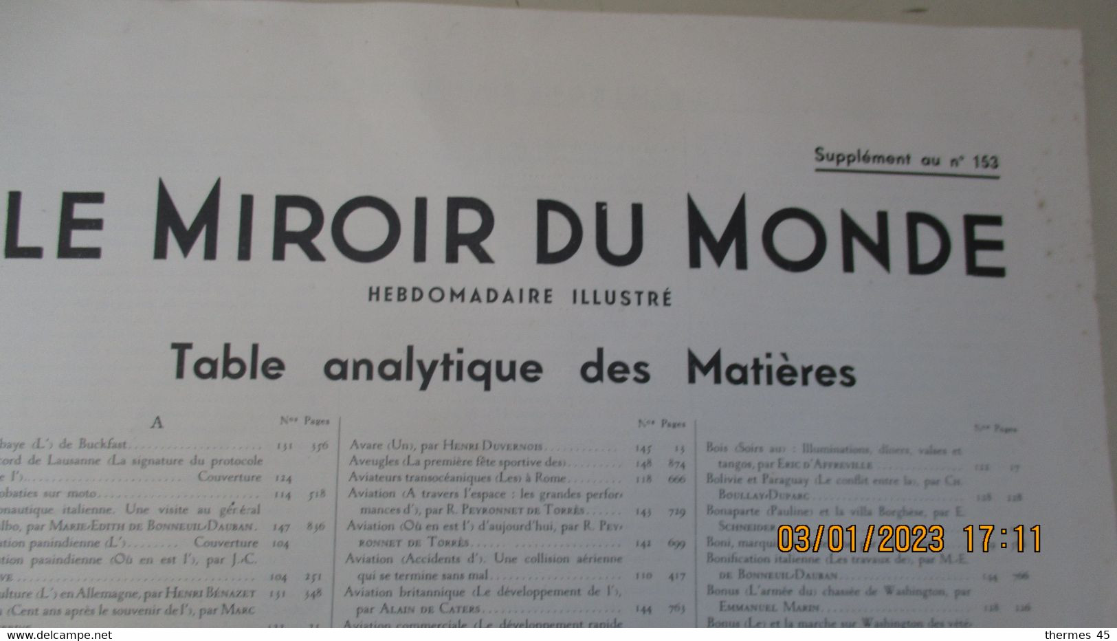 LE MIROIR Du MONDE Suppl. Au N°153 / TABLE ANALYTHIQUE Des MATIERES - General Issues