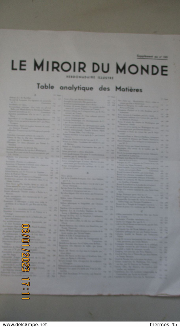 LE MIROIR Du MONDE Suppl. Au N°153 / TABLE ANALYTHIQUE Des MATIERES - General Issues