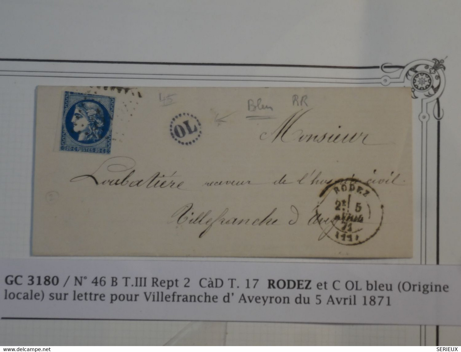 BM3 FRANCE BELLE  LETTRE RR  1871  RODEZ A VILLEFRANCHE +O.L BLEU+EMMISSION BORDEAUX  N° 46B +AFFRANC. INTERESSANT - 1870 Emission De Bordeaux